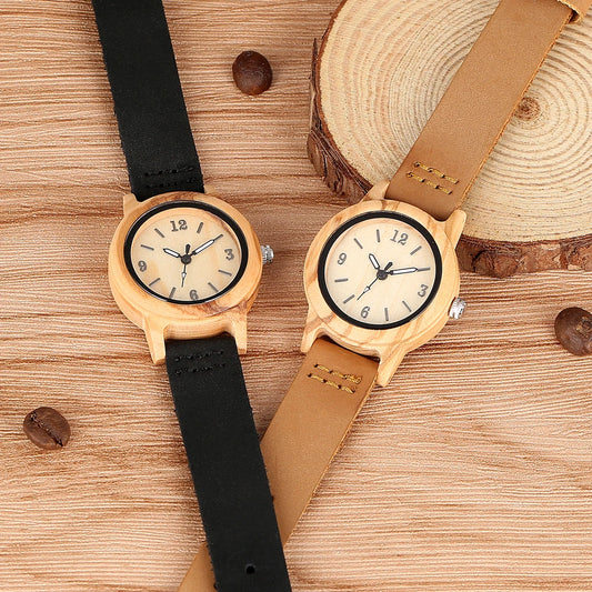 Wooden/Bamboo Watch Case Women'S Wristwatch Quartz Movement Black/Brown Genuine Leather Wristband Fashion Ladies Watches Gift