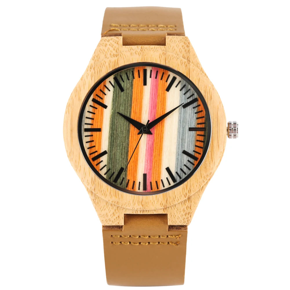 Wooden/Bamboo Watch Case Women'S Wristwatch Quartz Movement Black/Brown Genuine Leather Wristband Fashion Ladies Watches Gift