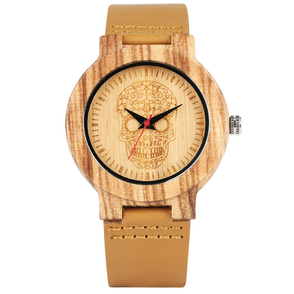 Wooden/Bamboo Watch Case Women'S Wristwatch Quartz Movement Black/Brown Genuine Leather Wristband Fashion Ladies Watches Gift