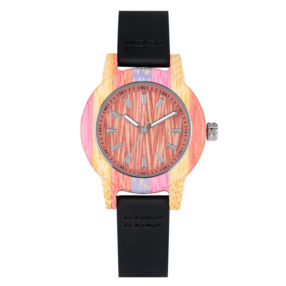 Wooden/Bamboo Watch Case Women'S Wristwatch Quartz Movement Black/Brown Genuine Leather Wristband Fashion Ladies Watches Gift