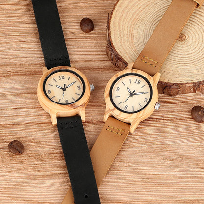 Wooden/Bamboo Watch Case Women'S Wristwatch Quartz Movement Black/Brown Genuine Leather Wristband Fashion Ladies Watches Gift
