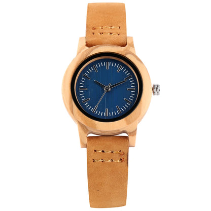 Wooden/Bamboo Watch Case Women'S Wristwatch Quartz Movement Black/Brown Genuine Leather Wristband Fashion Ladies Watches Gift