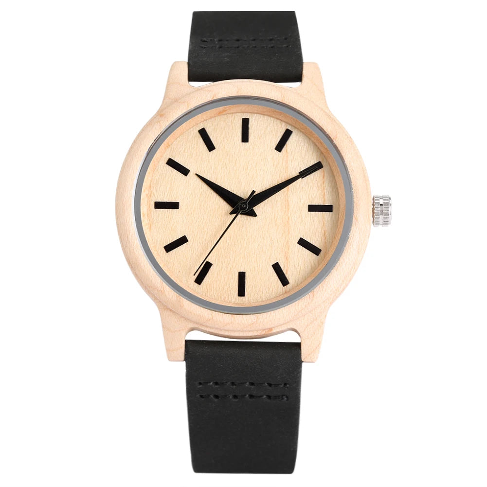 Wooden/Bamboo Watch Case Women'S Wristwatch Quartz Movement Black/Brown Genuine Leather Wristband Fashion Ladies Watches Gift