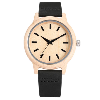 Wooden/Bamboo Watch Case Women'S Wristwatch Quartz Movement Black/Brown Genuine Leather Wristband Fashion Ladies Watches Gift