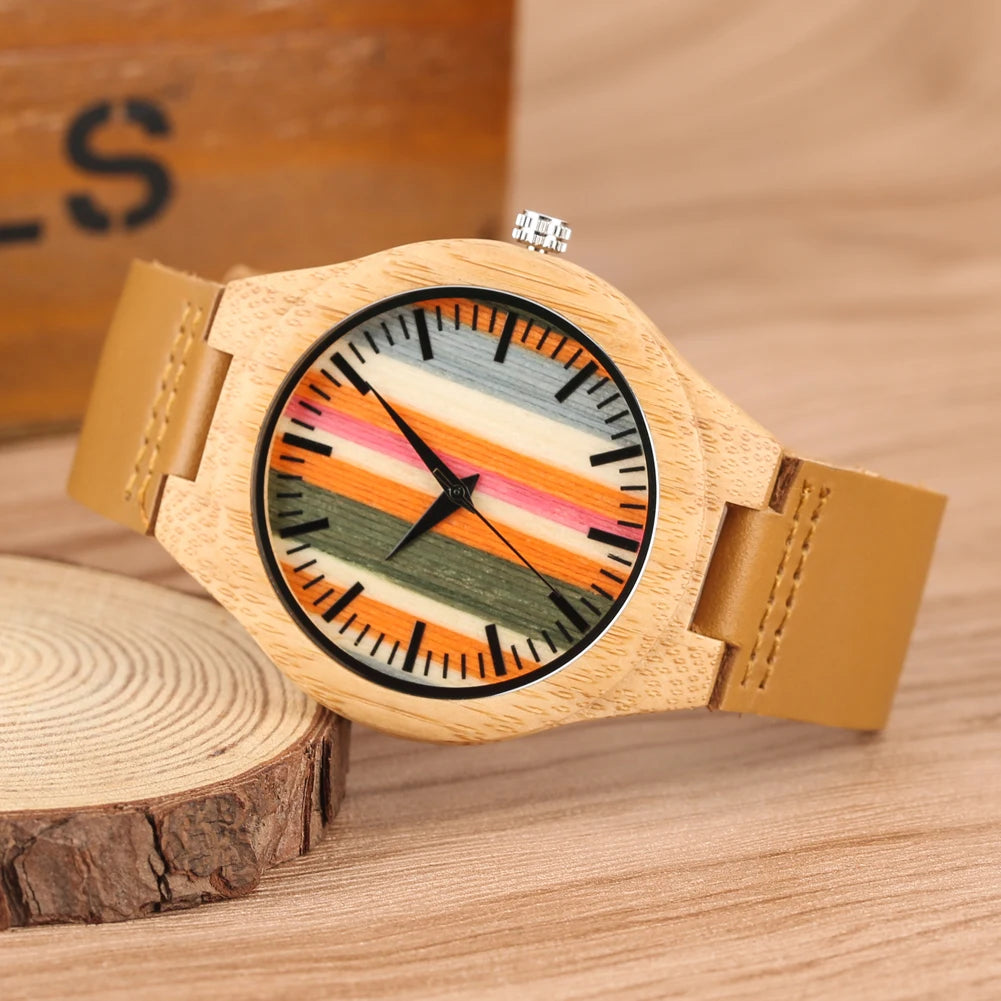 Wooden/Bamboo Watch Case Women'S Wristwatch Quartz Movement Black/Brown Genuine Leather Wristband Fashion Ladies Watches Gift