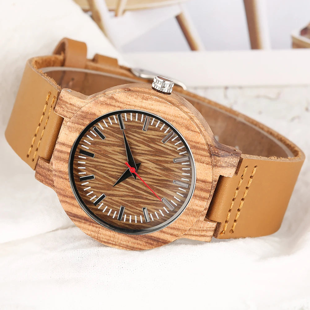 Wooden/Bamboo Watch Case Women'S Wristwatch Quartz Movement Black/Brown Genuine Leather Wristband Fashion Ladies Watches Gift