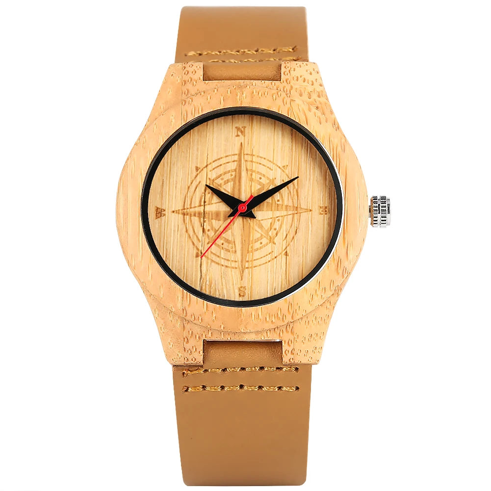 Wooden/Bamboo Watch Case Women'S Wristwatch Quartz Movement Black/Brown Genuine Leather Wristband Fashion Ladies Watches Gift