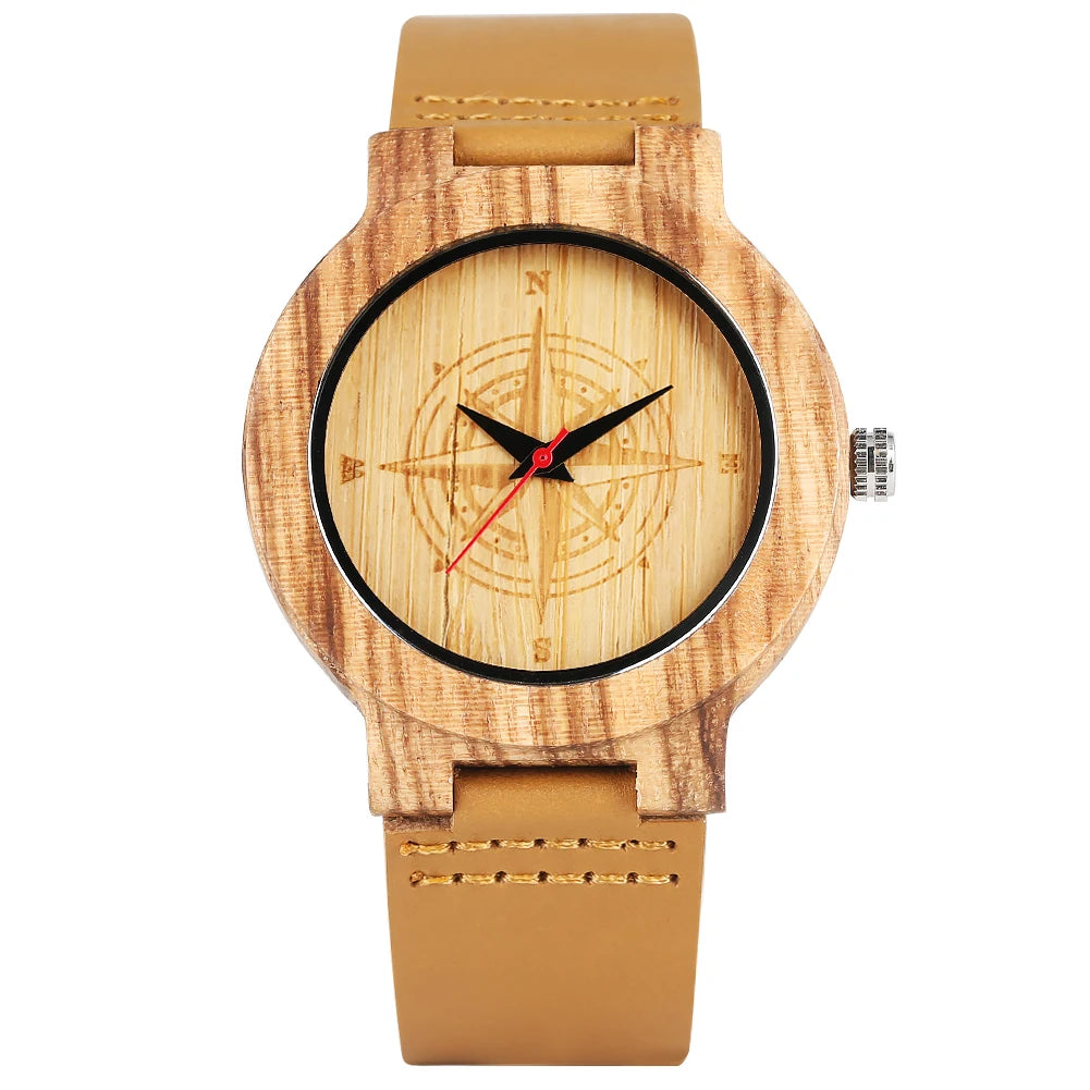 Wooden/Bamboo Watch Case Women'S Wristwatch Quartz Movement Black/Brown Genuine Leather Wristband Fashion Ladies Watches Gift