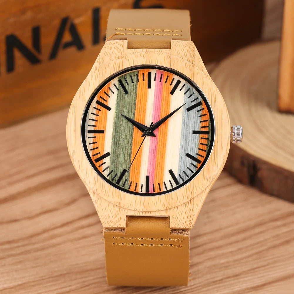 Wooden/Bamboo Watch Case Women'S Wristwatch Quartz Movement Black/Brown Genuine Leather Wristband Fashion Ladies Watches Gift