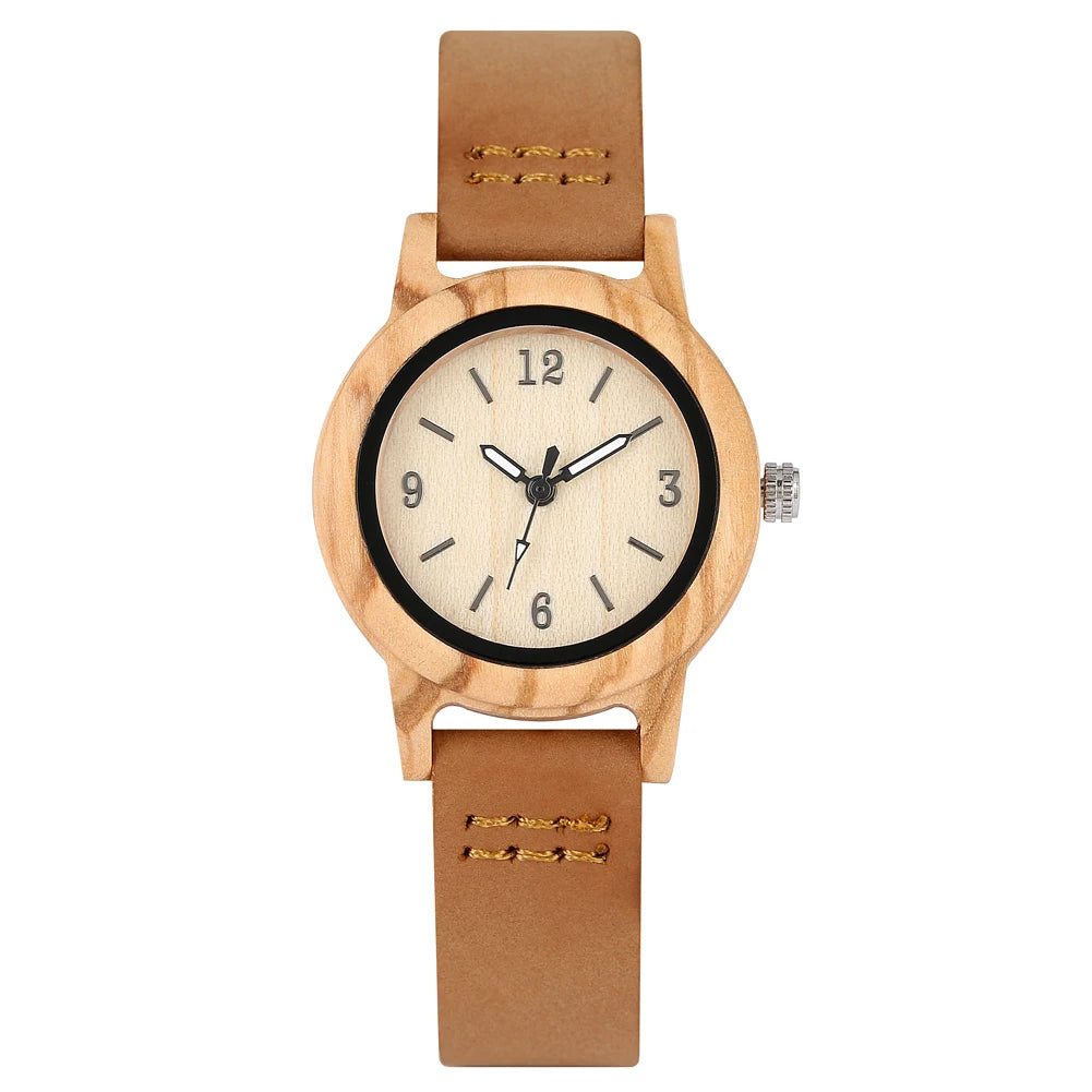 Wooden/Bamboo Watch Case Women'S Wristwatch Quartz Movement Black/Brown Genuine Leather Wristband Fashion Ladies Watches Gift