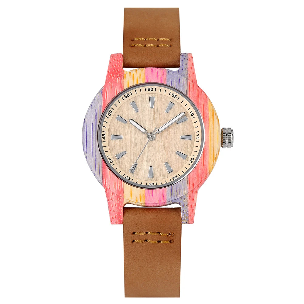 Wooden/Bamboo Watch Case Women'S Wristwatch Quartz Movement Black/Brown Genuine Leather Wristband Fashion Ladies Watches Gift