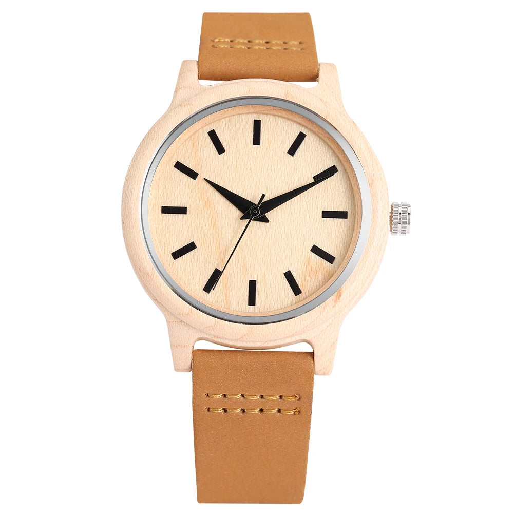 Wooden/Bamboo Watch Case Women'S Wristwatch Quartz Movement Black/Brown Genuine Leather Wristband Fashion Ladies Watches Gift