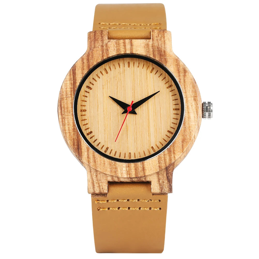 Wooden/Bamboo Watch Case Women'S Wristwatch Quartz Movement Black/Brown Genuine Leather Wristband Fashion Ladies Watches Gift