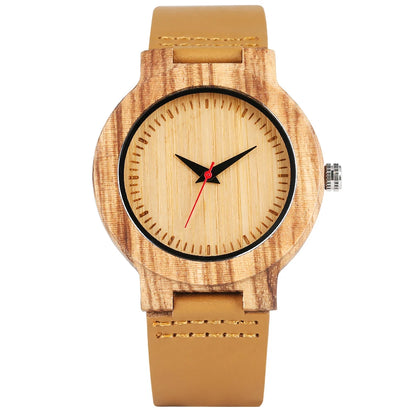 Wooden/Bamboo Watch Case Women'S Wristwatch Quartz Movement Black/Brown Genuine Leather Wristband Fashion Ladies Watches Gift