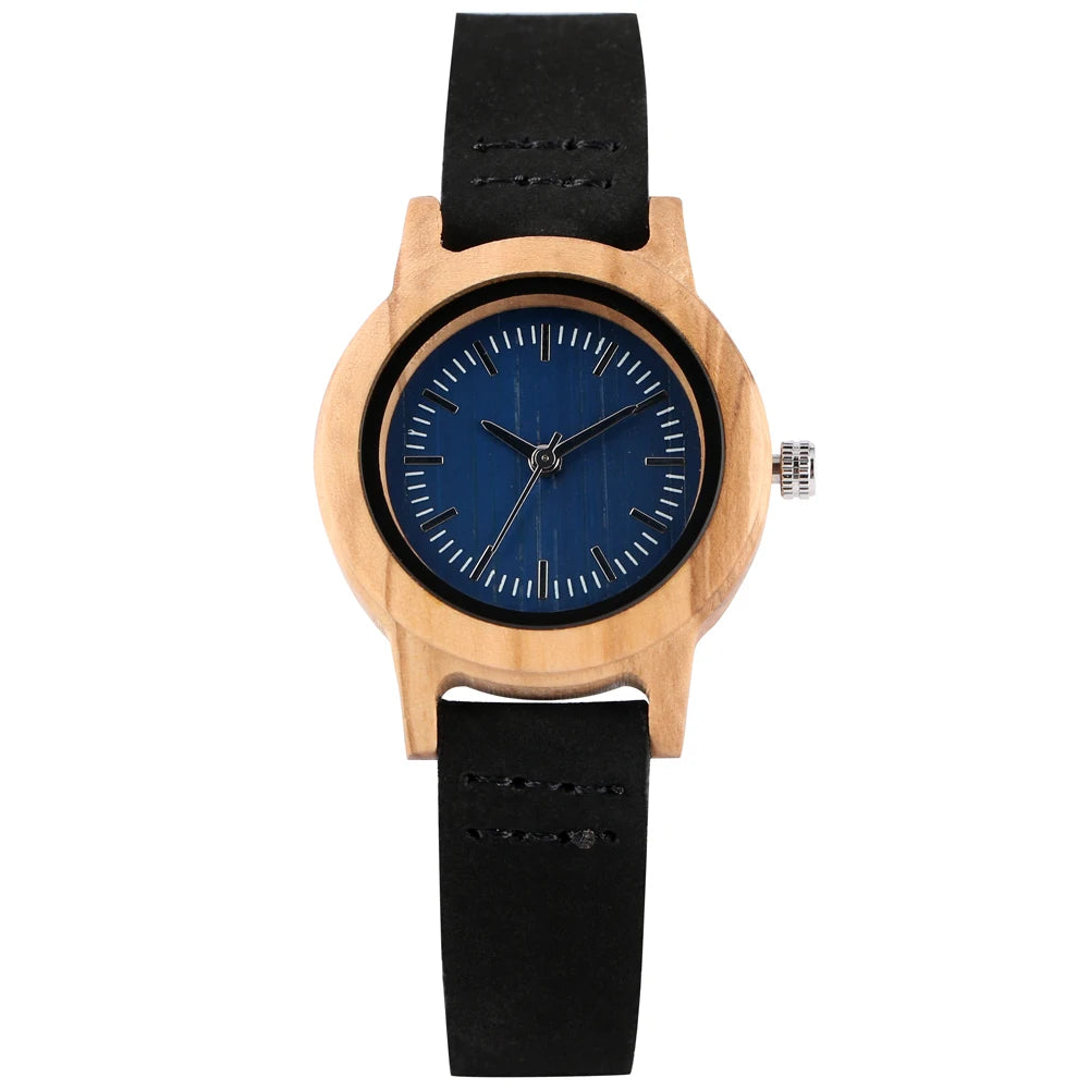 Wooden/Bamboo Watch Case Women'S Wristwatch Quartz Movement Black/Brown Genuine Leather Wristband Fashion Ladies Watches Gift