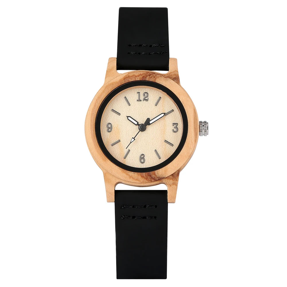 Wooden/Bamboo Watch Case Women'S Wristwatch Quartz Movement Black/Brown Genuine Leather Wristband Fashion Ladies Watches Gift