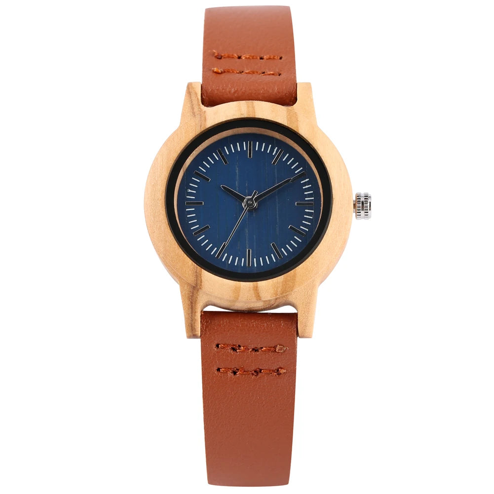 Wooden/Bamboo Watch Case Women'S Wristwatch Quartz Movement Black/Brown Genuine Leather Wristband Fashion Ladies Watches Gift
