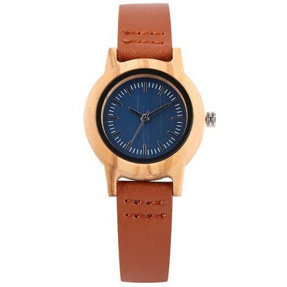 Wooden/Bamboo Watch Case Women'S Wristwatch Quartz Movement Black/Brown Genuine Leather Wristband Fashion Ladies Watches Gift